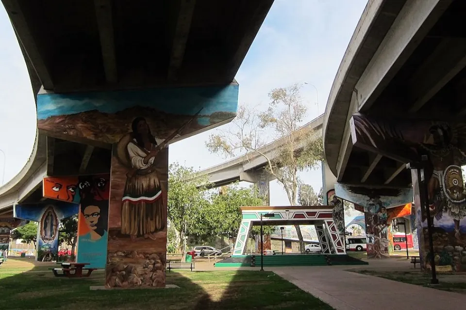 Colorful murals in freeway underpass in San Diego's Chicano Park.